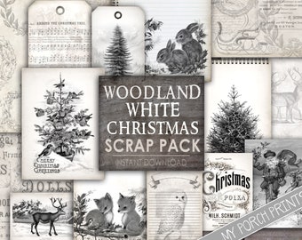 Woodland White Christmas Scrap Pack, Neutral, Forest Animals, Junk Journal, Black, White, December Daily, Papers, Printable, My Porch Prints