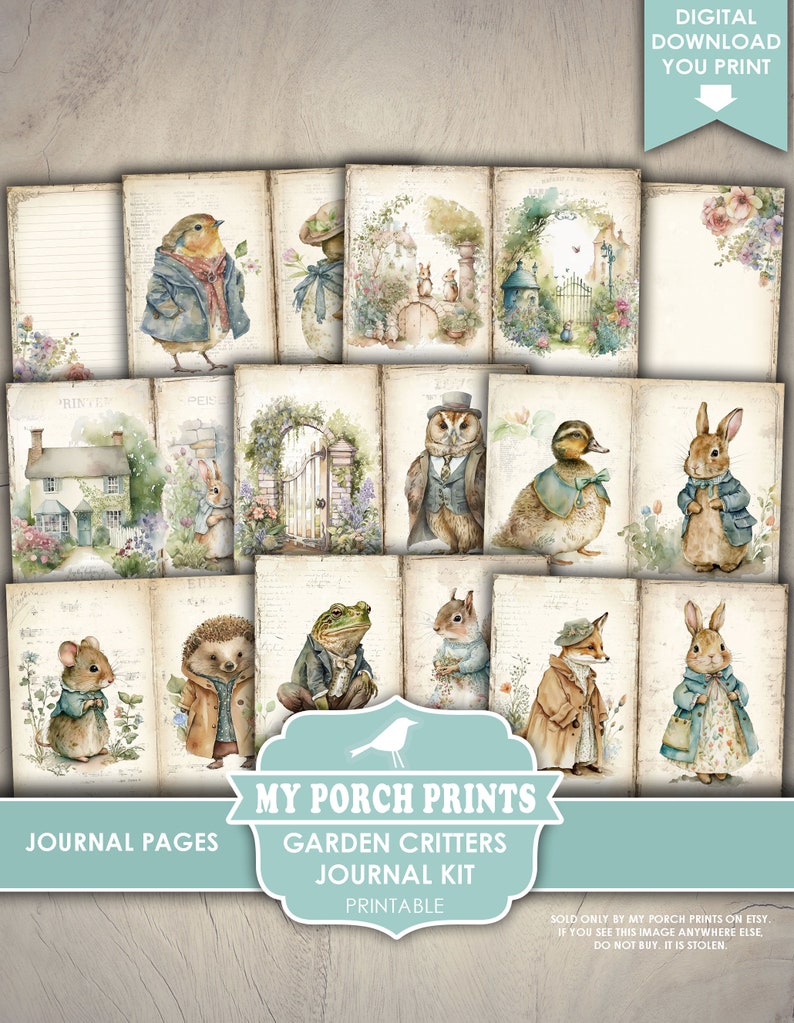 Garden Critters Junk Journal Kit, Woodland, Beatrix Potter Style, Spring, Easter, Animals, My Porch Prints, Printable, Digital Download image 4