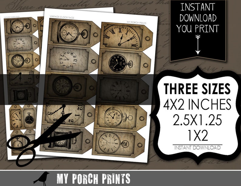 Clock Tags, Scrapbook Paper, Steampunk, Grunge, Party, Potion Labels ...