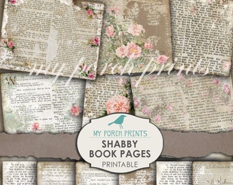 Shabby Book Pages, Printable Paper, Journal Pages, Junk Journal, Digi Kit, Ephemera, Rose, Scrapbooking, Collage Sheet, Vintage, Download