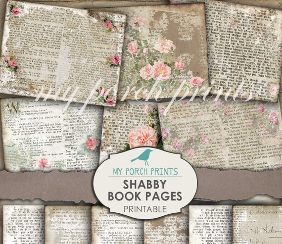 Shabby Book Pages, Printable Paper, Journal Pages, Junk Journal, Digi Kit, Ephemera, Rose, Scrapbooking, Collage Sheet, Vintage, Download
