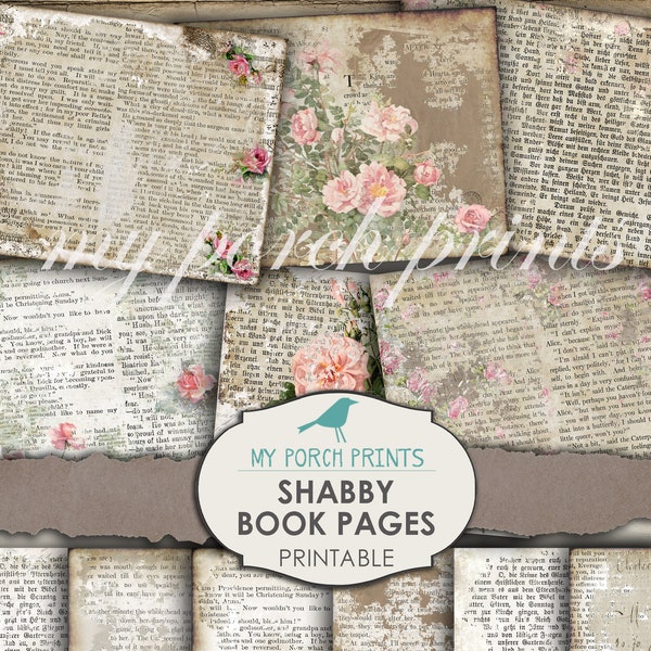 Shabby Book Pages, Printable Paper, Journal Pages, Junk Journal, Digi Kit, Ephemera, Rose, Scrapbooking, Collage Sheet, Vintage, Download