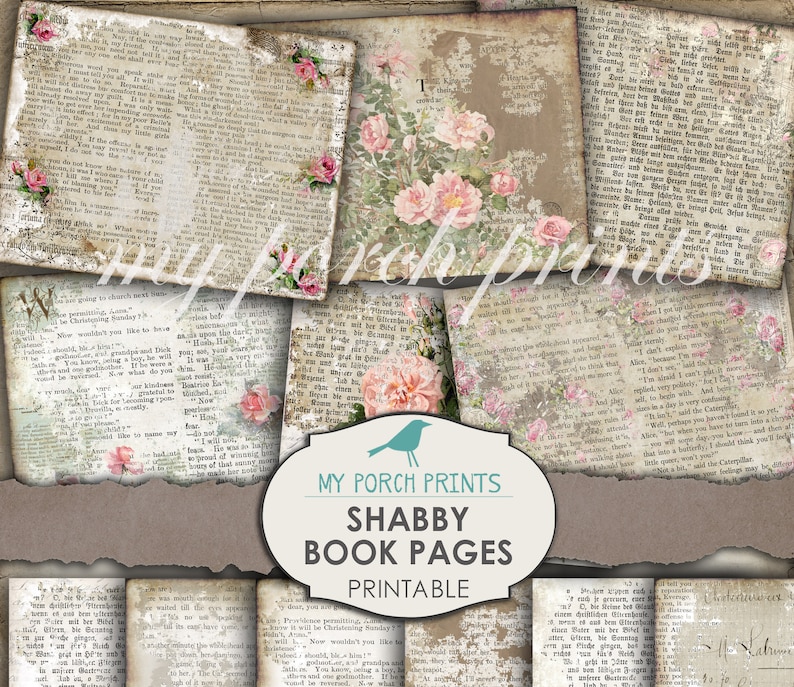 May include: Printable digital paper pack featuring 12 pages of vintage book pages with shabby chic floral accents. The pages are distressed and have a faded look, perfect for scrapbooking, card making, and other paper crafts.