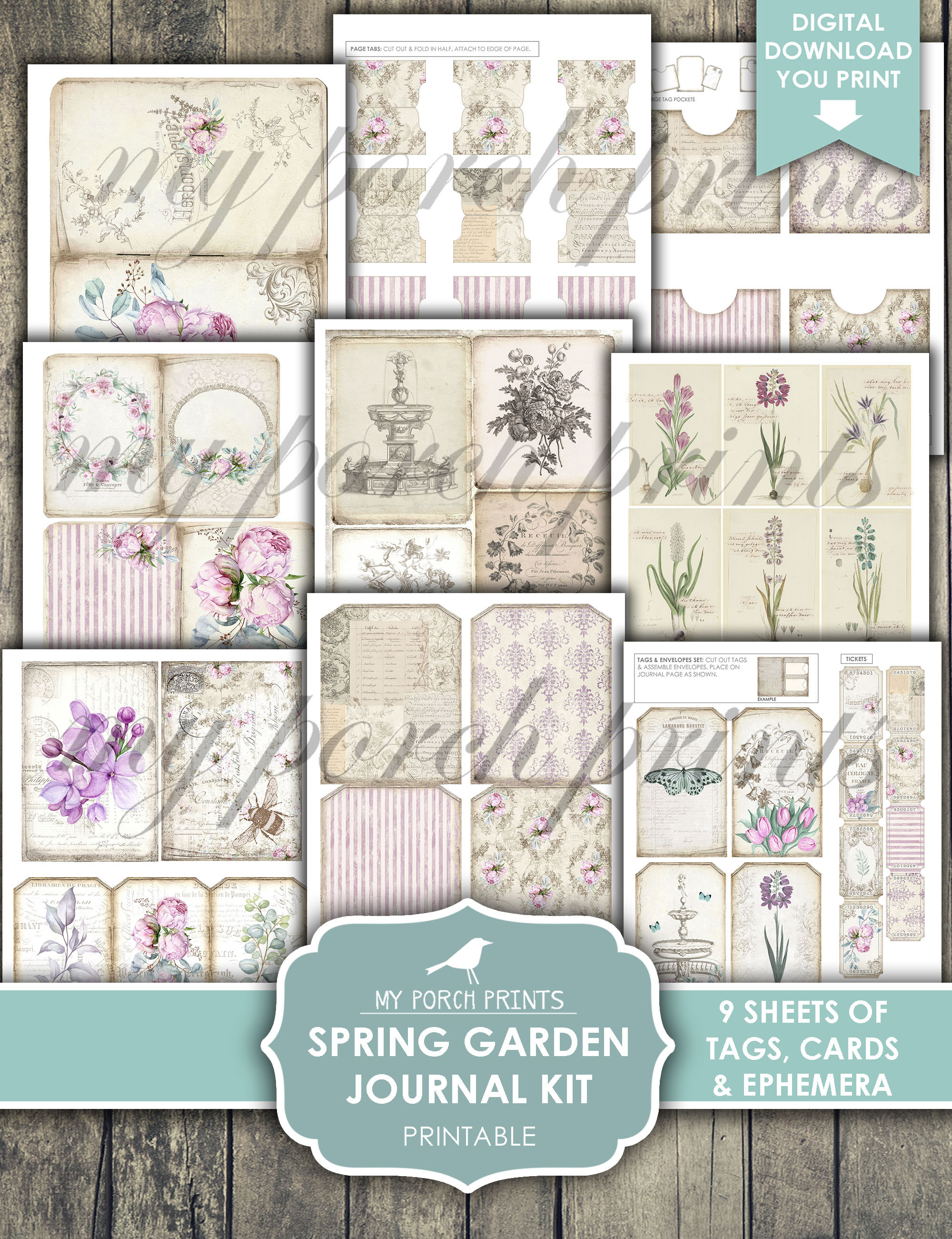 Junk Journal, Kit, Spring, Garden, Peonies, Cottage, Purple, Floral ...