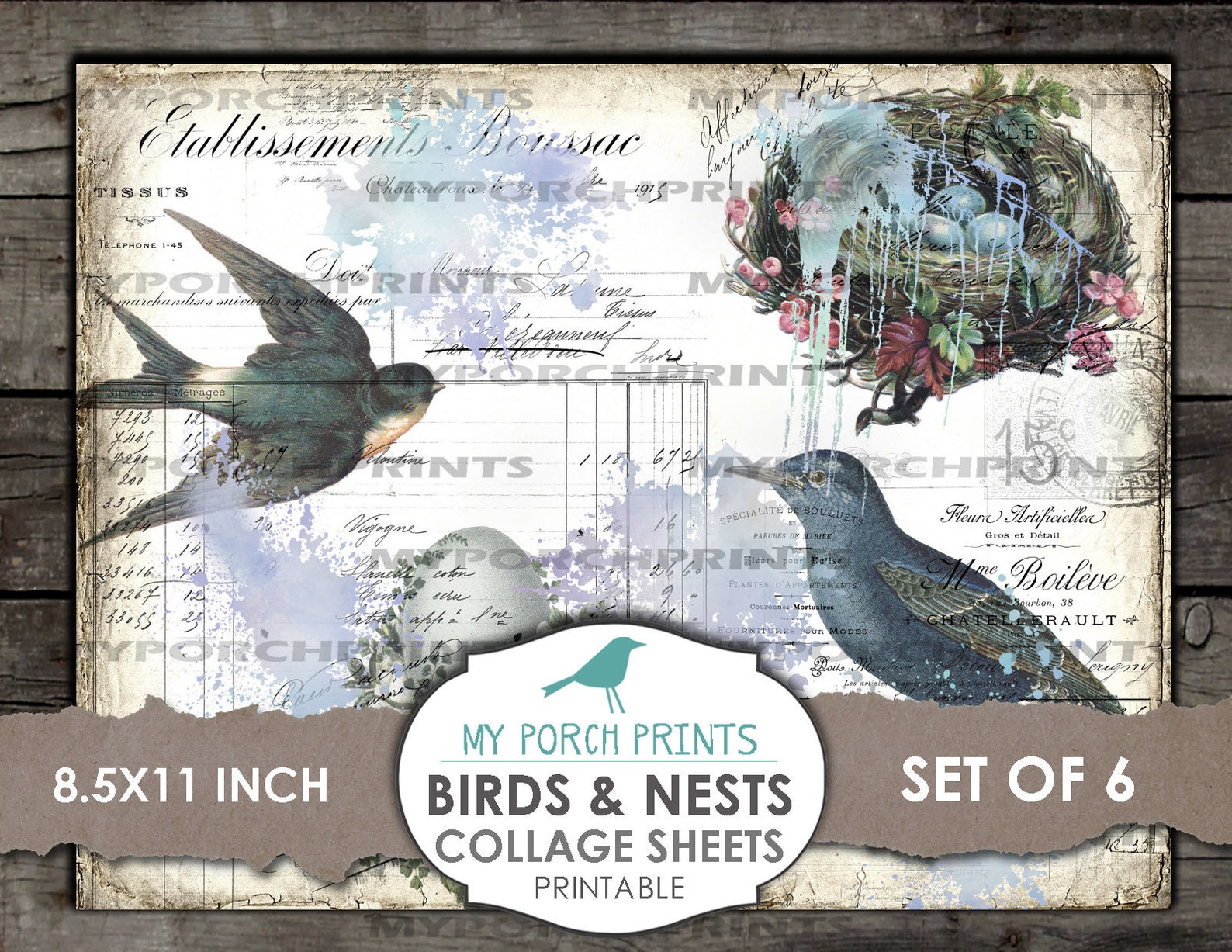 bird-nest-collage-sheet-journal-page-watercolor-my-porch-etsy