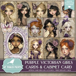PURPLE Victorian Girls Cards and Cabinet Card, Junk Journal, Portrait, Big Eyes, Watercolor, My Porch Prints, Printable, Digital Download