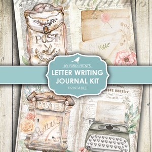 Pu&ograve; includere: Kit di diario stampabile con immagini in stile vintage di cassette postali e una macchina da scrivere. Il kit include il testo "Letter Writing Journal Kit" e "My Porch Prints".