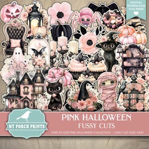 Pink Halloween FUSSY CUTS, Junk Journal, Fall, Autumn, Stickers, Cricut, Planner, Spooky, Cute, My Porch Prints, Printable, Digital Download