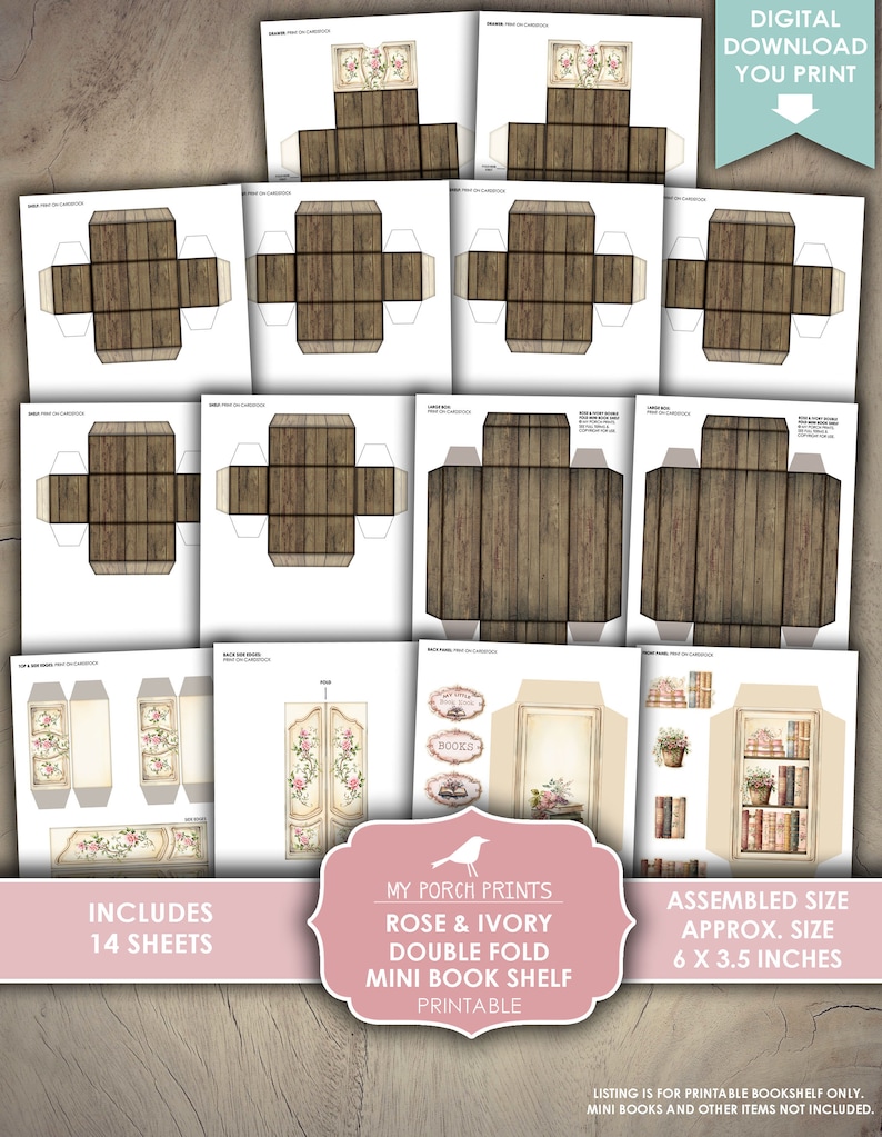 Rose and Ivory Double Fold Mini Book Shelf, Junk Journal Books, Bookshelf Box, Miniature Cabinet, Printable My Porch Prints Digital Download bild 3