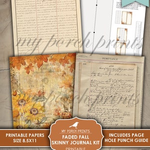 May include: Printable journal kit with a faded autumn theme. The kit includes a page with a hole punch guide, a page with a vintage handwritten document, and a page with a sunflower and autumn leaf design. The kit is 8.5 inches by 11 inches.