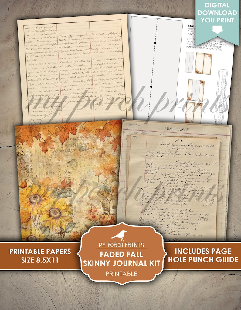 May include: Printable journal kit with a faded autumn theme. The kit includes a page with a hole punch guide, a page with a vintage handwritten document, and a page with a sunflower and autumn leaf design. The kit is 8.5 inches by 11 inches.