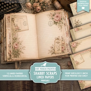 May include: A set of 12 printable lined papers featuring vintage floral illustrations, postage stamps, and postcard motifs in muted beige and pink tones. The pages include decorative borders, botanical sketches, and text elements like Carte Postale.