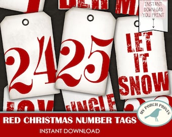 Red Christmas Number Tags, Countdown, Advent, December Daily, Numbers, Tree, Gift Tag, 1-25, Junk Journal, Printable, My Porch Prints