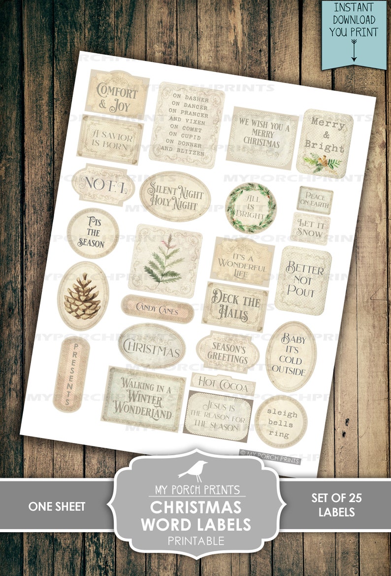 Junk Journal, Christmas, Word, Labels, Vintage, Santa, Tags, Words, Phrases, Ephemera, Ticket, My Porch Prints, Printable, Digital Download image 3