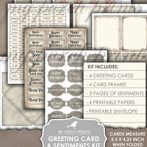 May include: A printable greeting card and sentiments kit with a vintage aesthetic. The kit includes 4 greeting cards, 4 card frames, 3 pages of sentiments, 4 printable papers, and a printable envelope. The cards measure 14 cm by 10.8 cm when folded.