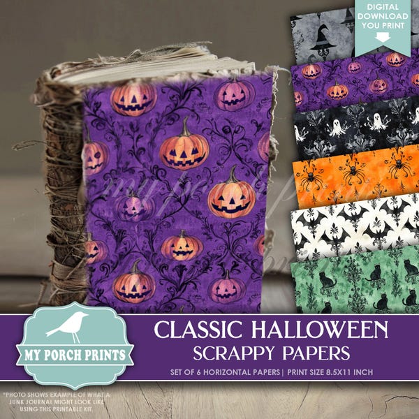 Classic Halloween Scrappy Papers, Junk Journal, Pages, Fall, Spooky, Backing, Collage, Craft, My Porch Prints, Printable, Digital Download