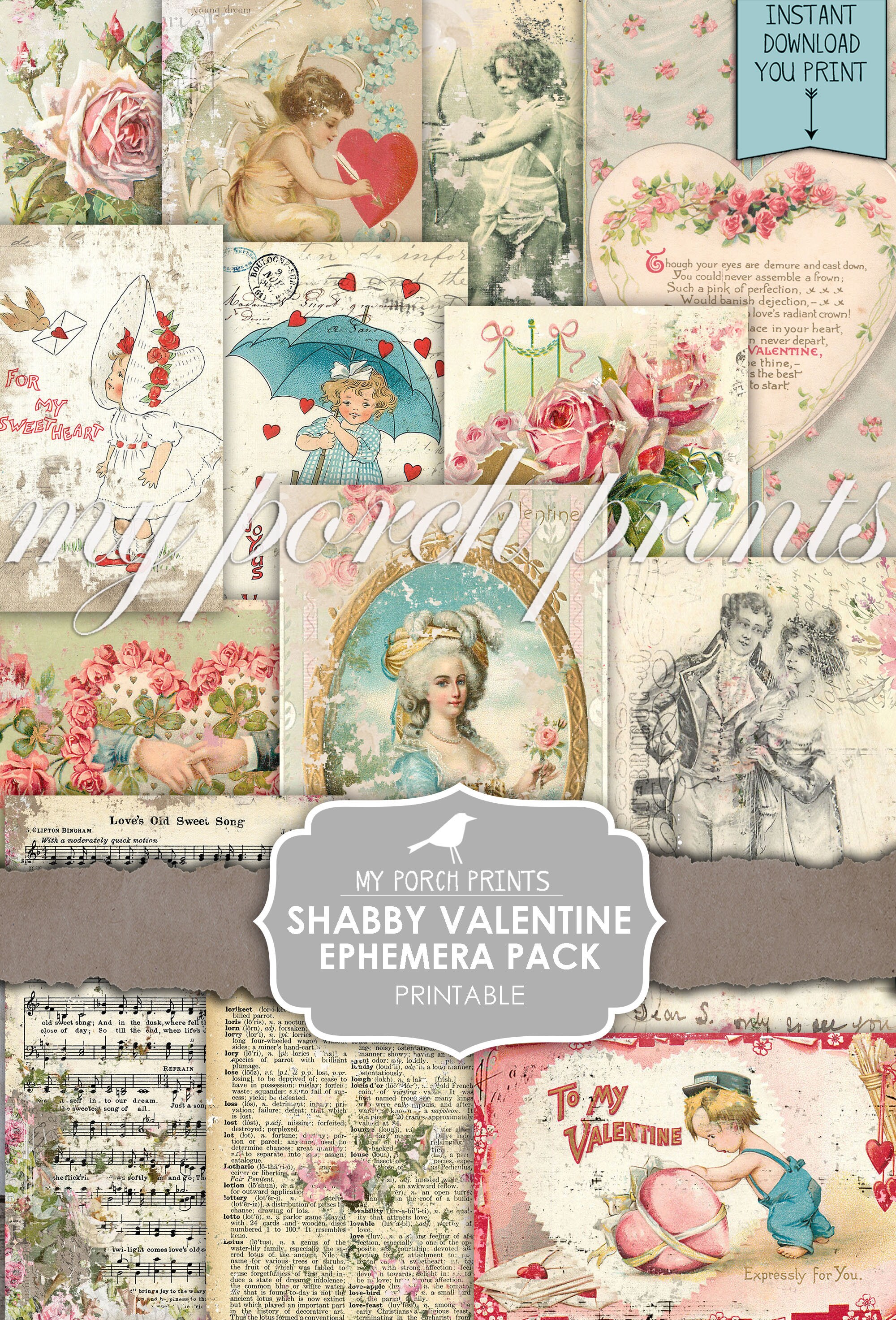 Download Junk Journal Ephemera Valentine's Day Cards Shabby | Etsy