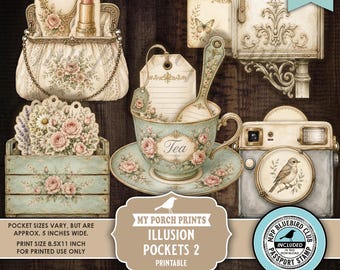 Illusion Pockets 2, Junk Journal Kit Ephemera Tags Tea Cup Purse Camera Happy Mail Mailbox Garden My Porch Prints Printable Digital Download