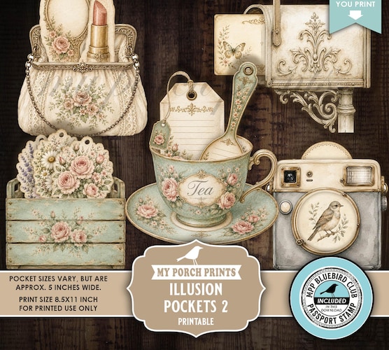 Illusion Pockets 2 — Junk Journal Kit with Tea Cup, Purse, Camera & Garden Ephemera