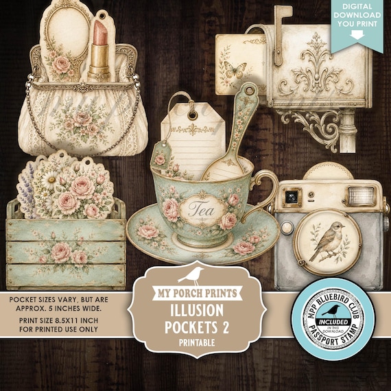 Illusion Pockets 2, Junk Journal Kit Ephemera Tags Tea Cup Purse Camera Happy Mail Mailbox Garden My Porch Prints Printable Digital Download