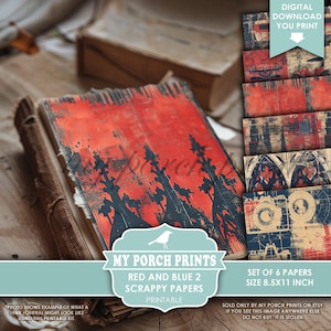 Red And Blue 2 Scrappy Papers, Junk Journal, 4th of July, Men, Vintage, Man, Britain, London, My Porch Prints, Printable, Digital Download