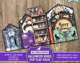 Halloween House Flip Flap Folio, Junk Journal, Fall, Spooky, Haunted, Pumpkin, Gift, Card, Craft, My Porch Prints Digital Download Printable