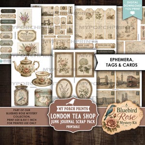 May include: A digital download junk journal scrap pack featuring London tea shop themed ephemera, tags, and cards. Includes illustrations of teapots, teacups, floral arrangements, London landmarks, and vintage postcards on 8.5x11 inch printable sheets.