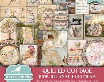 Quilted Cottage EPHEMERA, Junk Journal Quilting Quilt Sewing Cottagecore Farm Animals Owl Card My Porch Prints Printable Digital Download