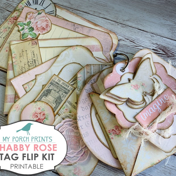 Shabby Chic Rose Tag Flip, Junk Journal, Valentines Day, Valentine, Tag, Ephemera, Printable, Digi Kit, Vintage, Pink, Scrapbook, Download