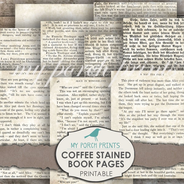 Coffee Stained Book Pages, Printable Paper, Journal Pages, Junk Journal, Digi Kit, Ephemera, Scrapbooking, Collage Sheet, Vintage, Download