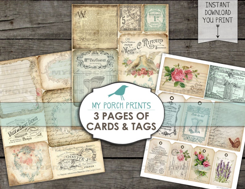 May include: Three pages of printable vintage style cards and tags featuring floral designs, birds, and text in French. The pages are designed for crafting and scrapbooking.
