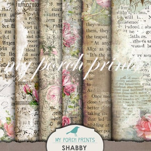 May include: A set of six printable digital papers featuring vintage book pages with faded text and floral illustrations. The papers are in shades of cream, pink, and blue with a distressed, shabby chic aesthetic. The text includes quotes from Alice in Wonderland.