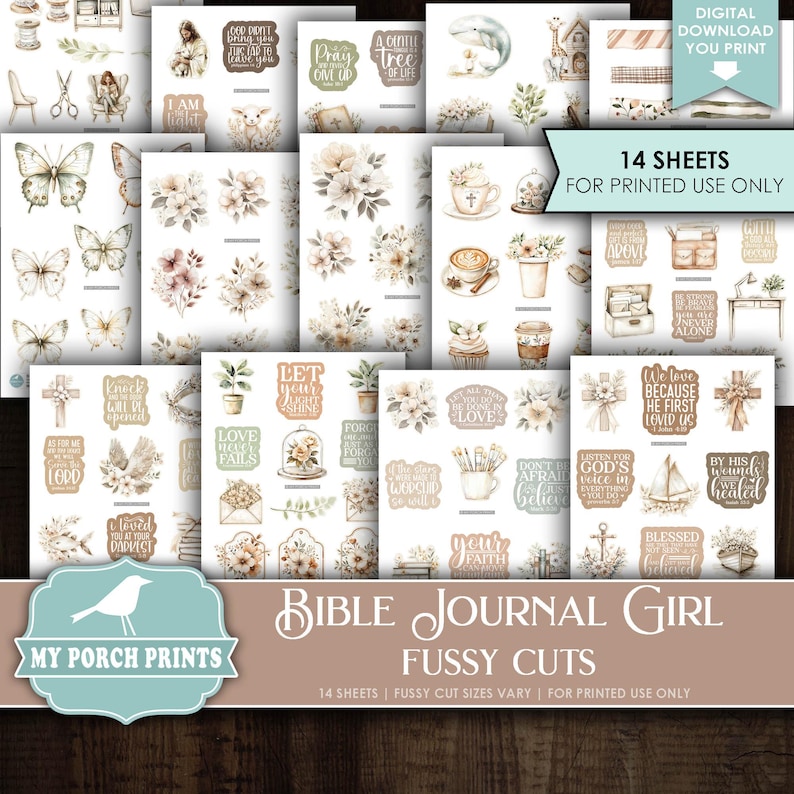 May include: A collection of 14 sheets of fussy cuts for Bible journaling. The sheets feature various designs, including butterflies, floral arrangements, religious quotes, and decorative elements. The color palette includes soft neutrals and pastel tones.