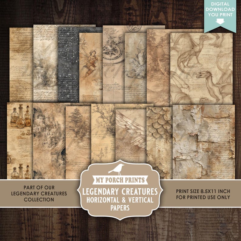 Legendary Creatures Junk Journal Papers, Horizontal & Vertical Magical ...