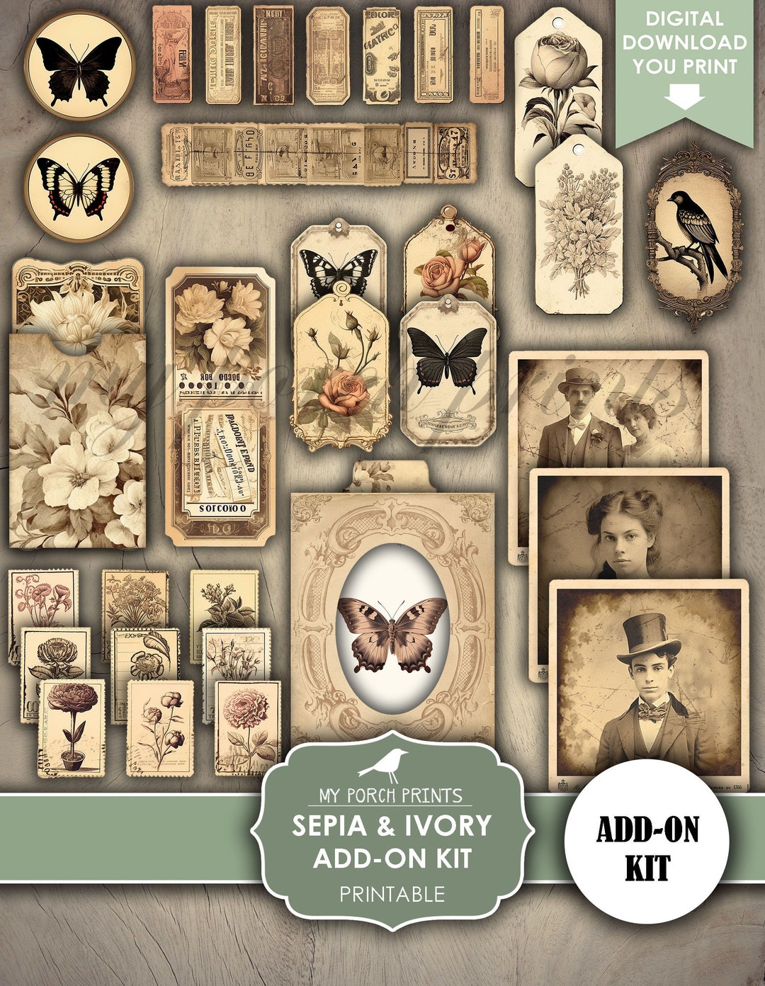 Junk Journal, Sepia, Ivory, Add On, Kit, Antique, Butterflies, Neutral ...