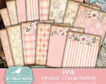 May include: A set of 12 printable digital papers in pink and white featuring various patterns, including stripes, polka dots, plaid, and floral designs. The papers are 8.5 x 11 inches and can be used for scrapbooking, card making, and other craft projects.