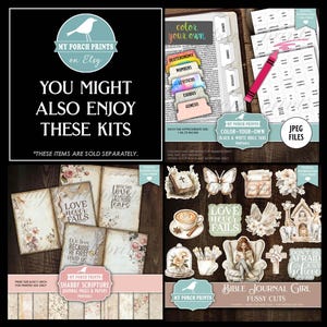 May include: Digital printable kits for Bible journaling and scrapbooking. Includes colour-your-own Bible tabs, fussy cuts, and shabby scripture journal pages. Features floral and inspirational designs with the text "Love Never Fails".