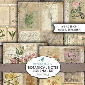 Puede incluir: Kit de diario bot&aacute;nico imprimible con seis p&aacute;ginas de etiquetas y ef&iacute;meras. Las p&aacute;ginas presentan ilustraciones vintage de flores, hojas y plantas con un aspecto desgastado y envejecido. El kit incluye una p&aacute;gina de calendario, una p&aacute;gina de "Tarjeta postal" y una p&aacute;gina con el texto "Herboriste".
