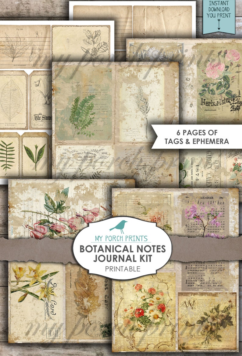 Puede incluir: Kit de diario bot&aacute;nico imprimible con seis p&aacute;ginas de etiquetas y ef&iacute;meras. Las p&aacute;ginas presentan ilustraciones vintage de flores, hojas y plantas con un aspecto desgastado y envejecido. El kit incluye una p&aacute;gina de calendario, una p&aacute;gina de "Tarjeta postal" y una p&aacute;gina con el texto "Herboriste".