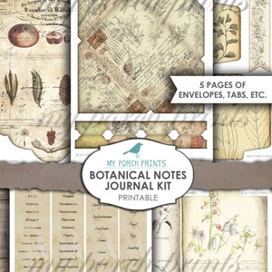 Puede incluir: Kit de diario de notas bot&aacute;nicas imprimible con 5 p&aacute;ginas de sobres, pesta&ntilde;as y otros elementos decorativos. El kit presenta ilustraciones de plantas y flores de estilo vintage, junto con texto escrito a mano y etiquetas.