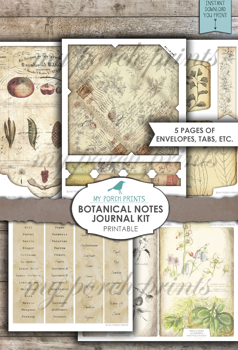 Puede incluir: Kit de diario de notas bot&aacute;nicas imprimible con 5 p&aacute;ginas de sobres, pesta&ntilde;as y otros elementos decorativos. El kit presenta ilustraciones de plantas y flores de estilo vintage, junto con texto escrito a mano y etiquetas.