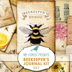 Junk Journal, Imker, Bee, Keeper, Boek, Vintage, 5x7, Junk Journal Kit, Geel, Honing, Afdrukbaar, Mijn veranda wordt afgedrukt, Digitale download
