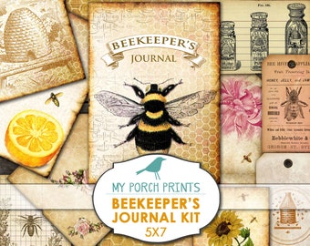 Puede incluir: Un kit digital imprimible para un diario de apicultor. El kit incluye 35 imágenes con una estética vintage. Las imágenes representan abejas, panales, flores y tarros de miel. El texto "Beekeeper's Journal Kit 5x7" se presenta en la parte frontal del kit.