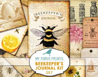 Junk Journal, Beekeeper, Bee, Keeper, Book, Vintage, 5x7, Junk Journal Kit, Yellow, Honey, Printable, My Porch Prints, Digital Download