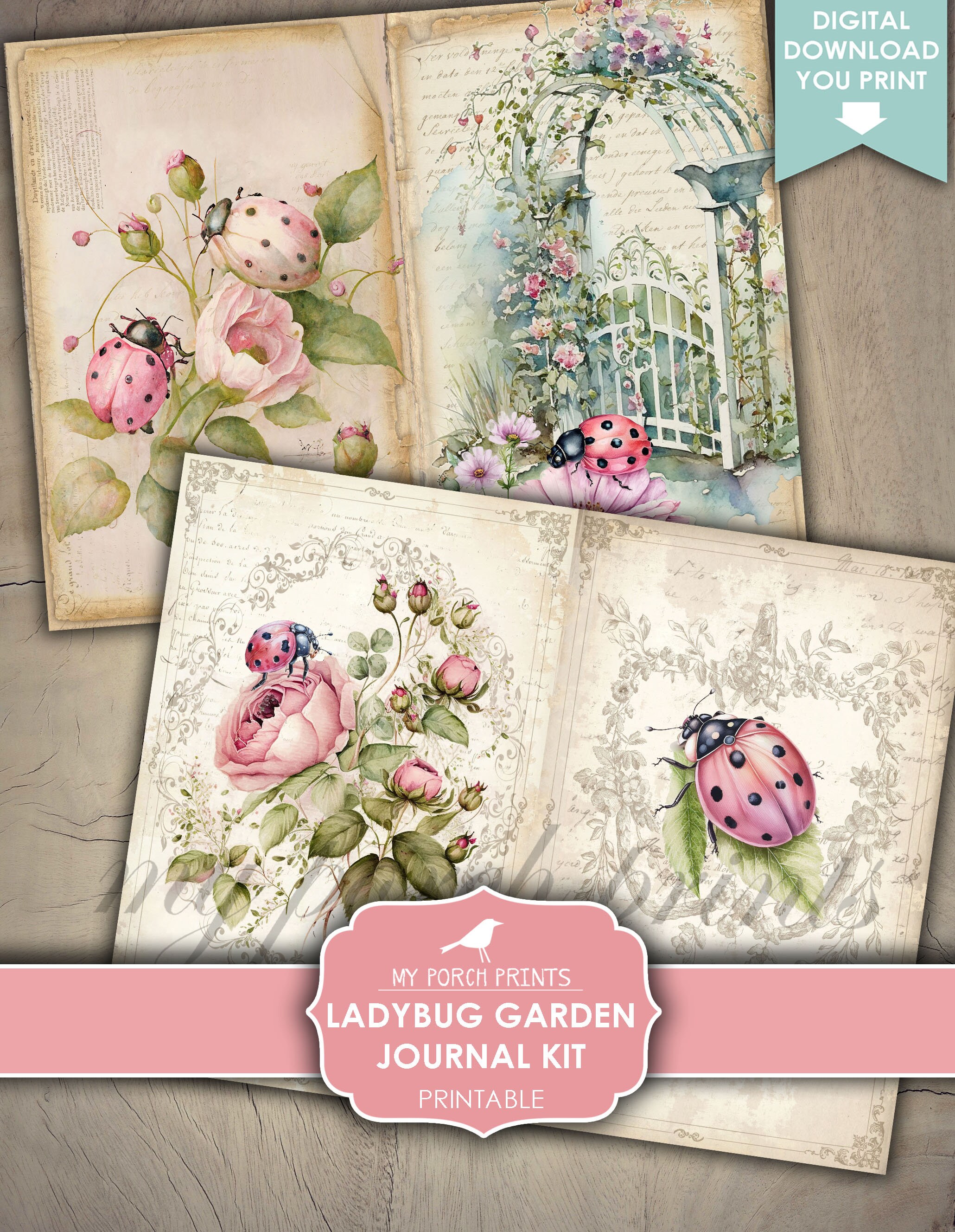 Ladybug Garden Junk Journal Kit, Lady Bug Ladybird Summer Pink Papers ...