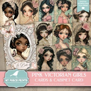 PINK Victorian Girls Cards and Cabinet Card, Junk Journal, Portrait Pretty Big Eyes Watercolor, My Porch Prints, Printable, Digital Download