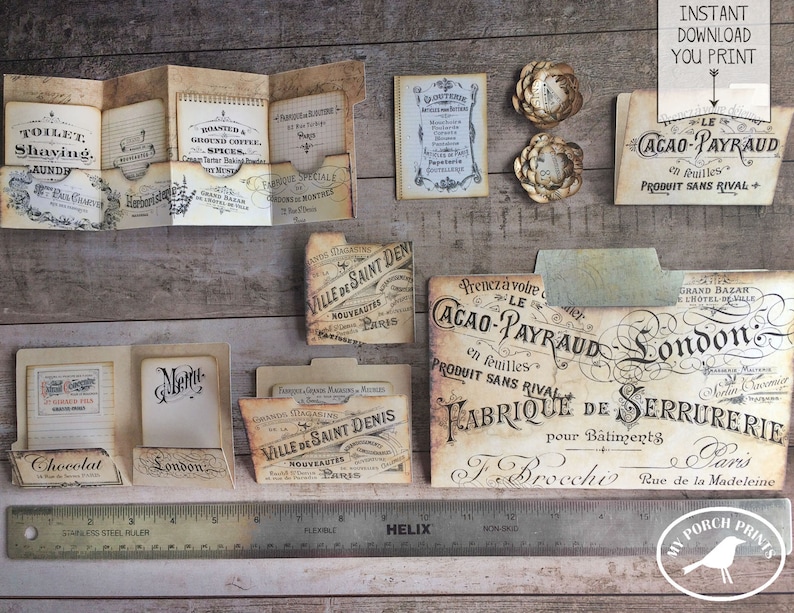 May include: A set of printable vintage-style file folder labels with French text. The labels feature a variety of designs, including a label that says "Toilet Shaving Aunde", a label that says "Cacao-Payraud en feuilles Produit sans rival", and a label that says "Ville de Saint Denis Nouveaut&eacute;s Paris".