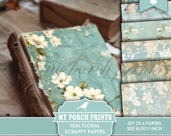 Teal Floral Scrappy Papers, Junk Journal, Pages, Blue, Ivory, Vintage, Shabby, Backing, Craft, My Porch Prints, Printable, Digital Download