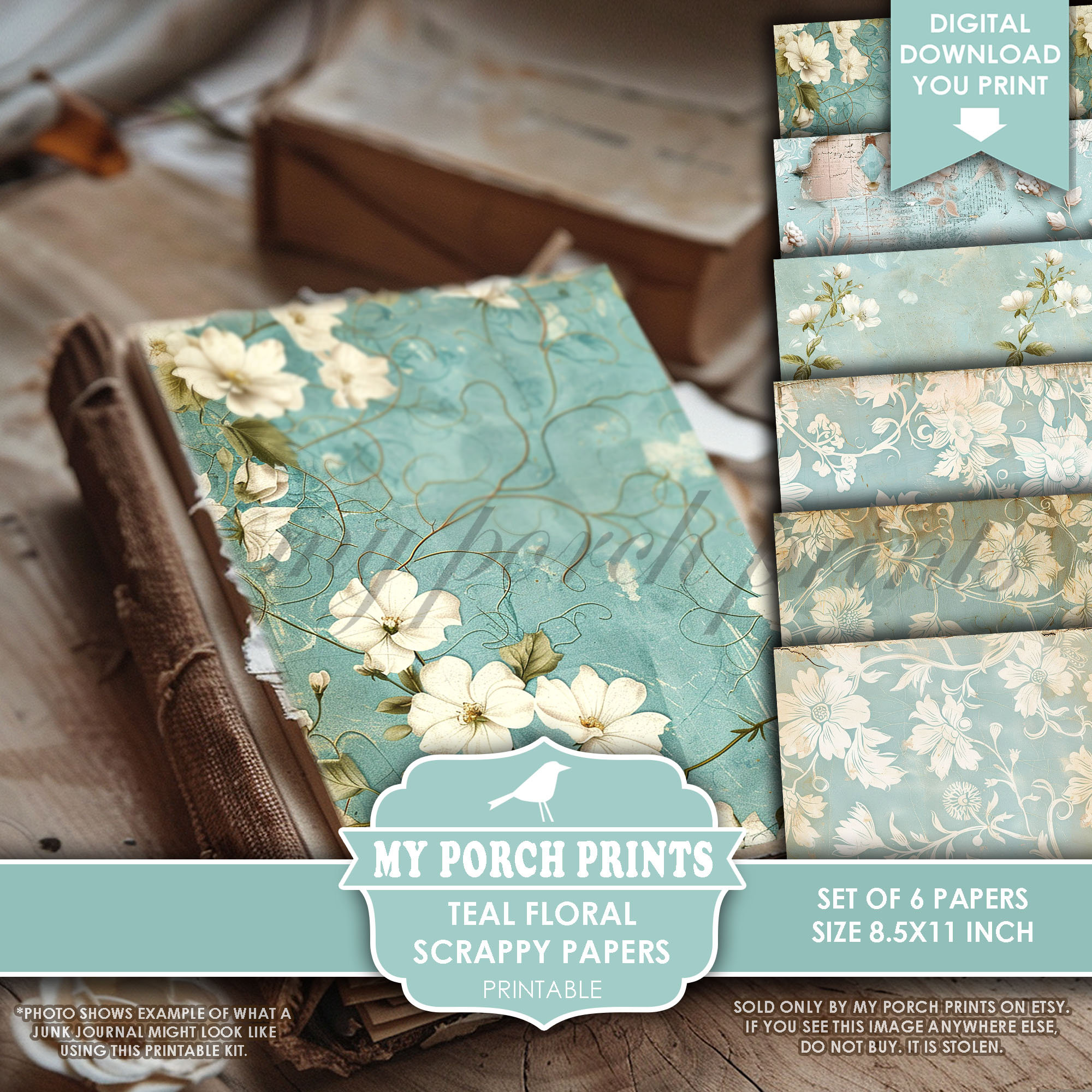 Teal Floral Scrappy Papers, Junk Journal, Pages, Blue, Ivory, Vintage, Shabby, Backing, Craft, My Porch Prints, Printable, Digital Download