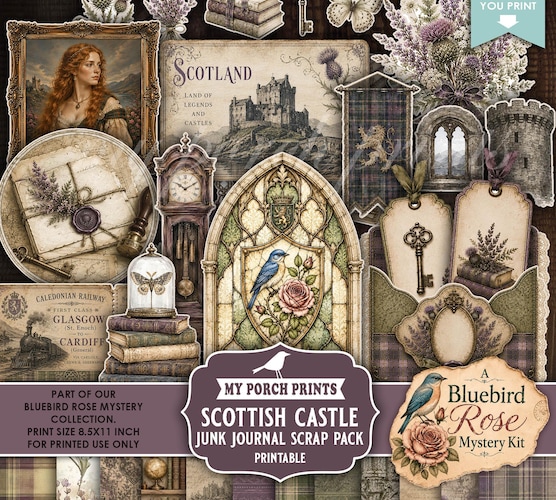Bluebird Rose Mystery Scottish Castle Scrap Pack — Vintage Purple Celtic Junk Journal Kit